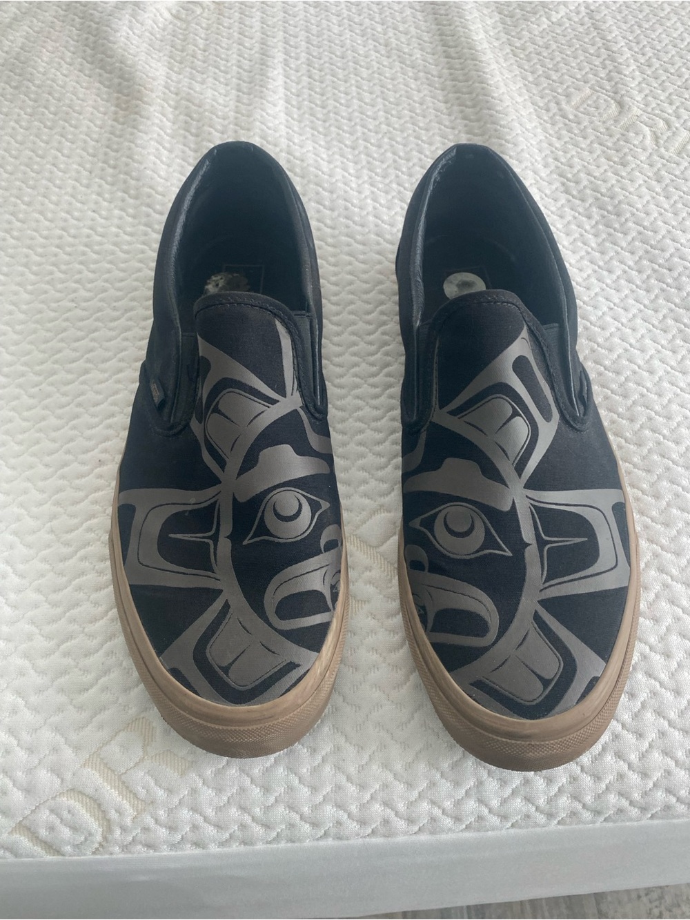 Vans Black Slip-On Loafers with Gray Tribal Sun Graphic